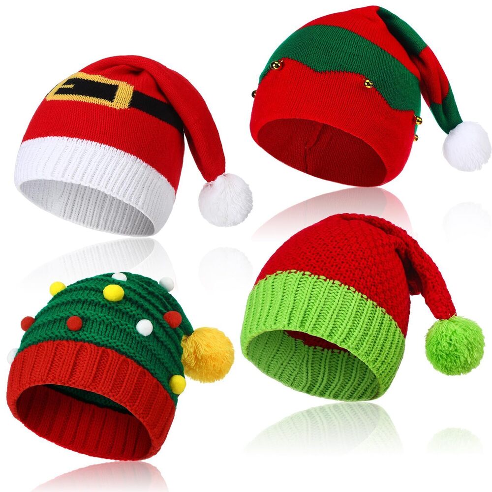 2987 4 Pcs Knitted Santa Elf Hat Christmas Adults Knit Beanie Hat Santa Cap